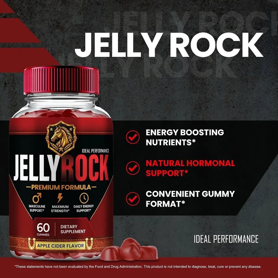 JellyRock marketing panel listing energy boosting nutrients, natural hormonal support and convenient gummy format, beside the jar