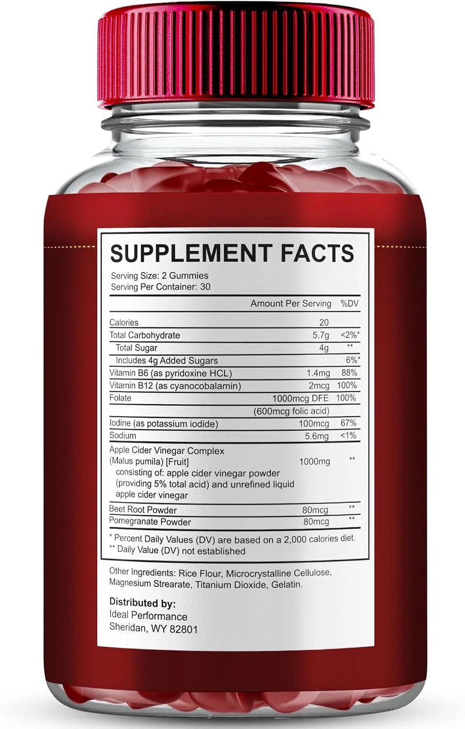 JellyRock Premium Formula supplement facts panel listing 1,000 mg apple cider vinegar complex, folate 1,000 mcg DFE, vitamin B6 1.4 mg, iodine 100 mcg, vitamin B12 2 mcg and beet root and pomegranate powder at 80 mcg each